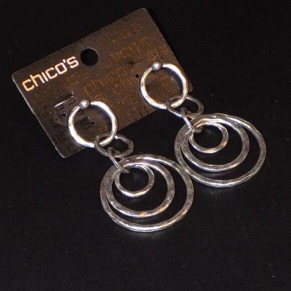 Chico's Hammered Silver Ring Link Statement Bib Necklace & New Earrings Set - Picture 5 of 7